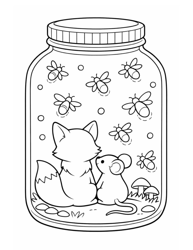 fox and mouse watching fireflies coloring page inside a jar with mushrooms, pebbles, and floating dots coloring page
