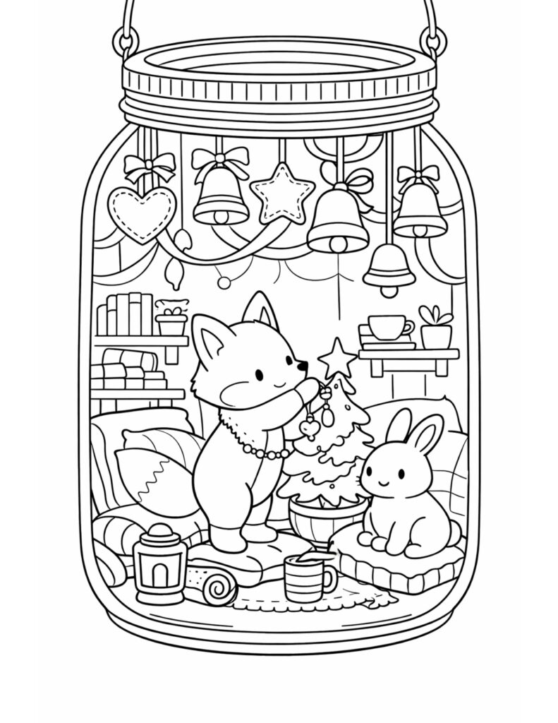 fox decorating christmas tree jar coloring page with a bunny, hanging bells, and cozy room details coloring page