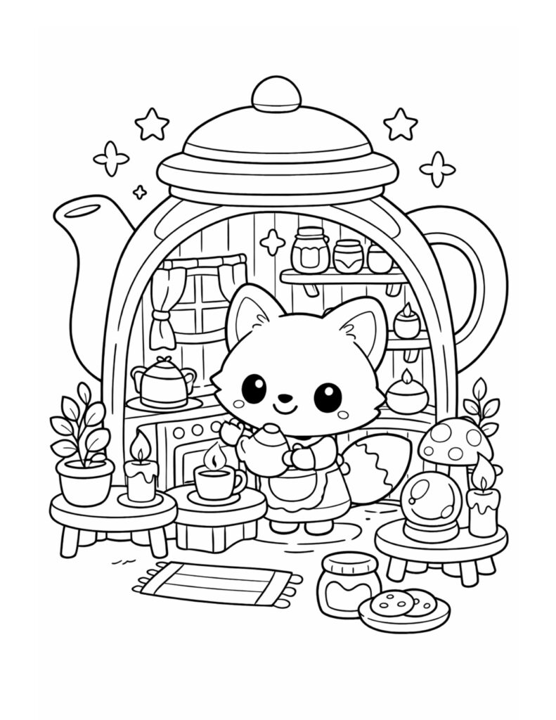 fox pouring tea in teapot coloring page cozy teapot kitchen with candles, cookies, shelves, and stars coloring page