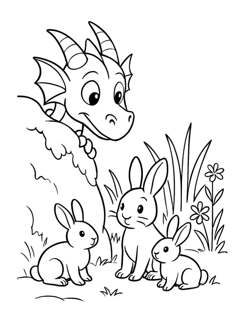friendly dragon meeting rabbits coloring page with three bunnies and wildflowers coloring page