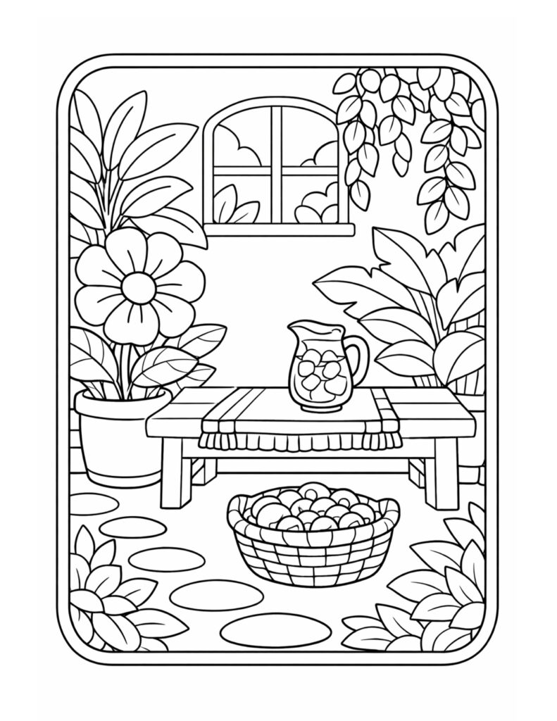 garden bench with potted plants coloring page in a leafy nook with a pitcher and fruit basket coloring page