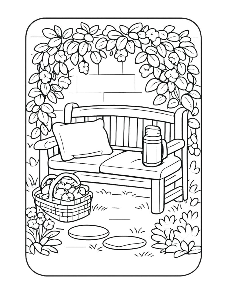 garden bench with thermos coloring page, leafy arch over a bench with pillow and basket