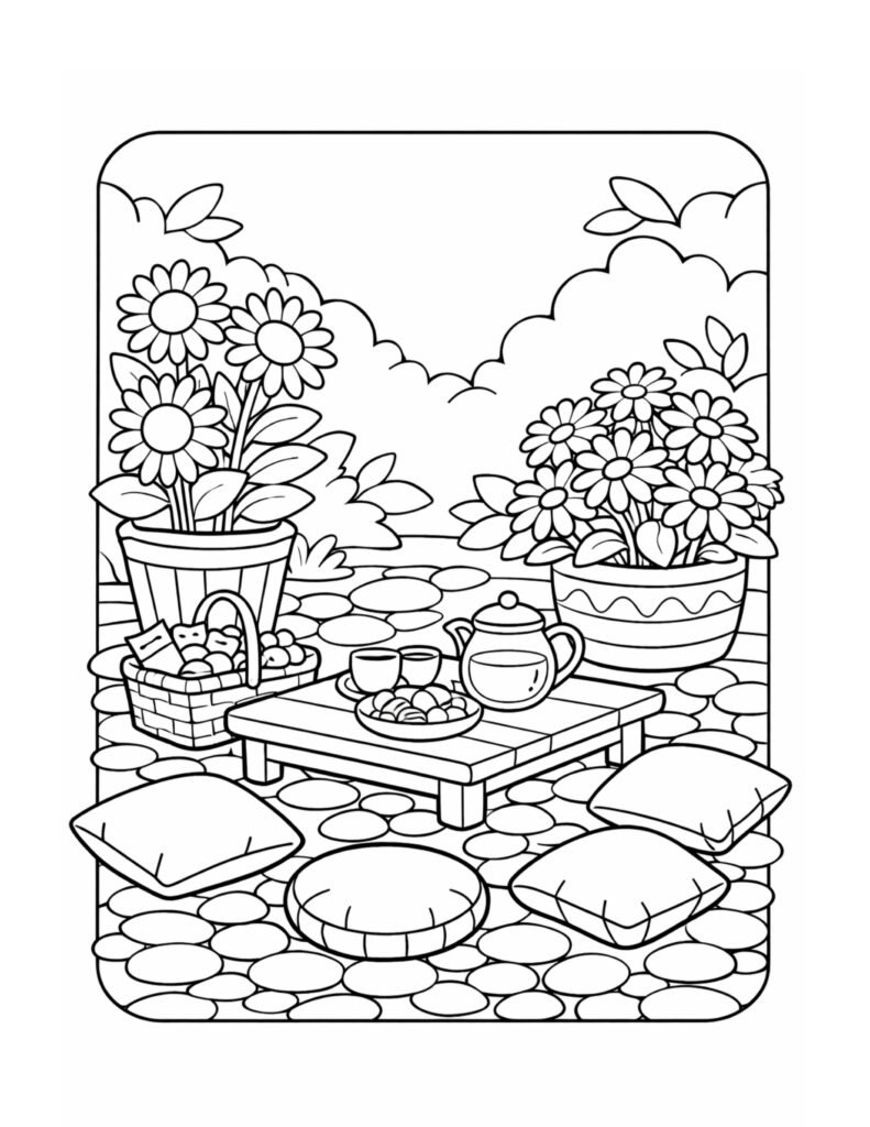 garden tea picnic with flowers coloring page with teapot, cups, cookies, cushions, potted daisies, and stones coloring page