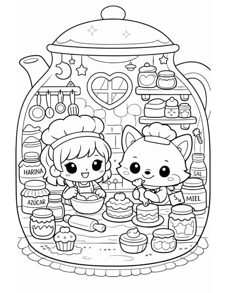 girl and fox baking cakes coloring page inside a teapot jar kitchen with shelves, utensils, and cute desserts coloring page