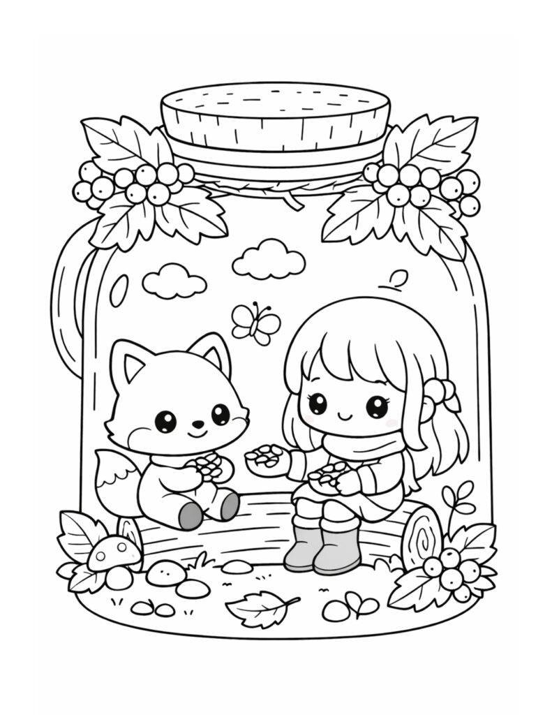 girl and fox sharing berries coloring page inside a cozy jar with leaves and mushrooms coloring page
