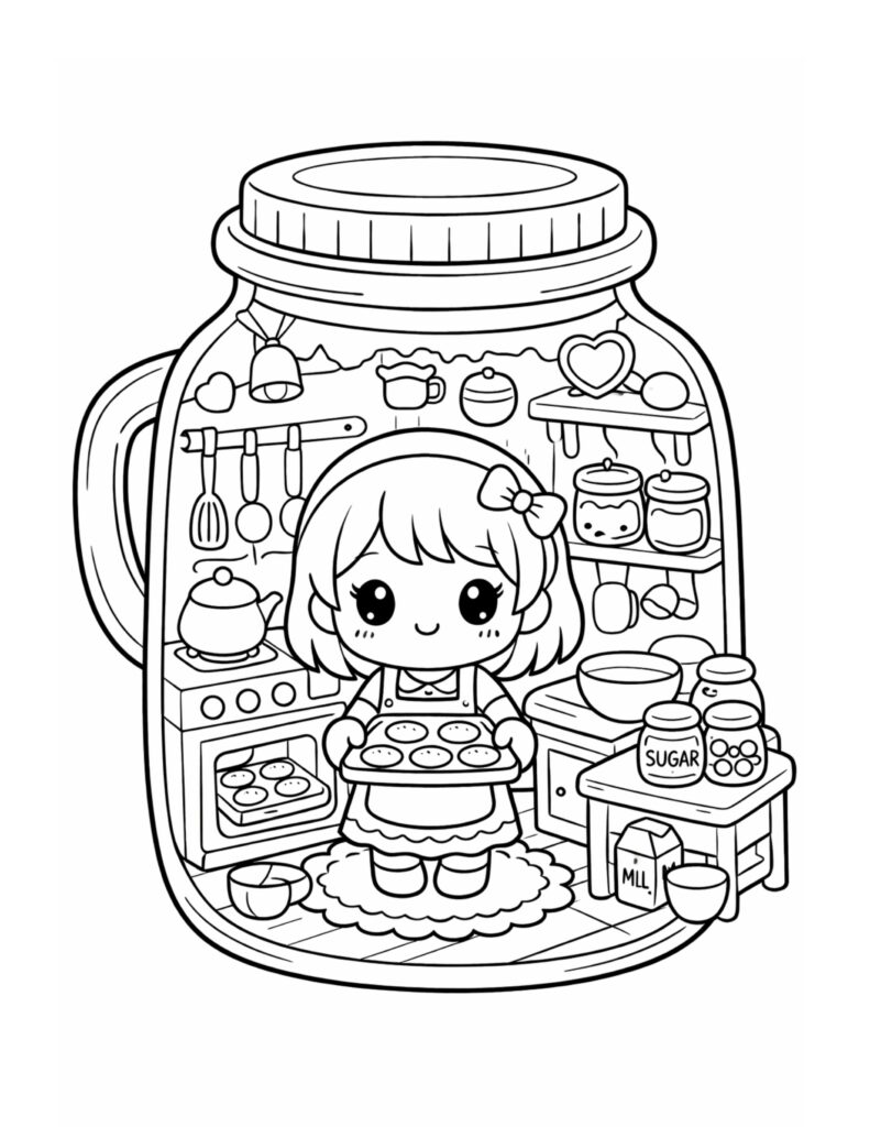 girl baking cookies in jar coloring page with cute baker, oven, shelves, and sugar jar