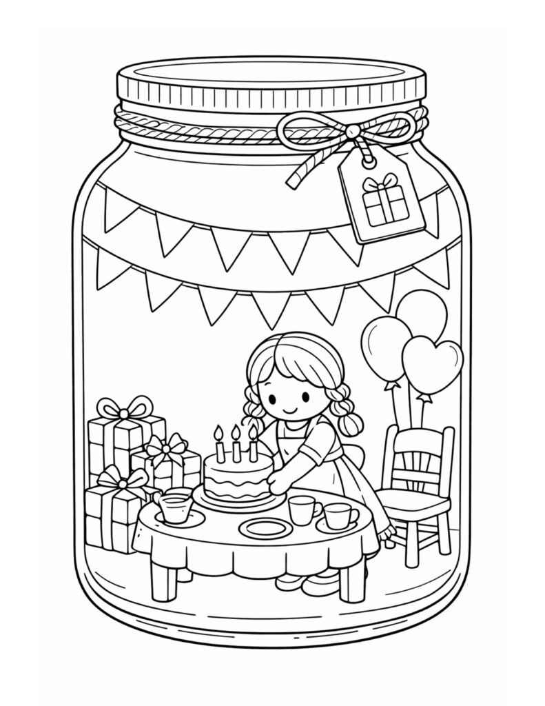 girl birthday cake in jar coloring page with gifts balloons and bunting coloring page