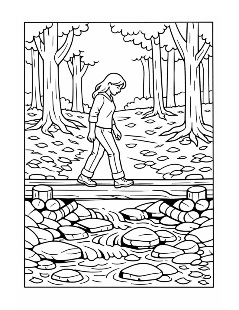 girl crossing forest creek bridge coloring page showing a walker on a wooden bridge over rocks in a forest coloring page