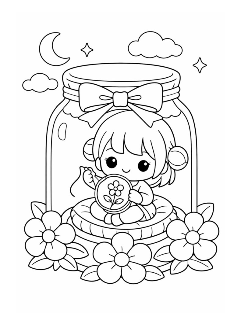 girl embroidery inside jar coloring page with big bow, embroidery hoop flower, and blooms coloring page