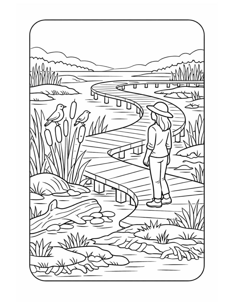 girl on winding boardwalk coloring page showing a hiker in a hat on a curving path above wetlands, birds nearby coloring page