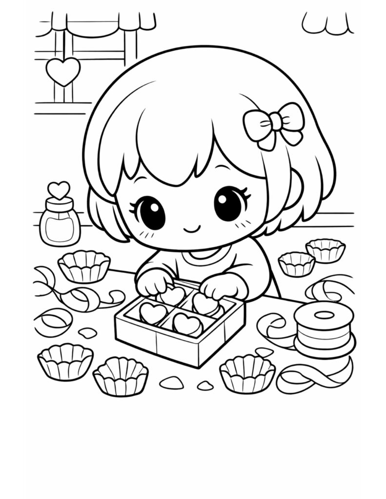 girl packing heart chocolates coloring page, cute girl filling a chocolate box with heart candies, ribbon and wrappers, coloring page