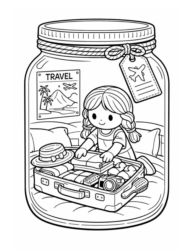 girl packing suitcase in jar coloring page, cute traveler girl packing a suitcase with hat and camera, cozy jar scene coloring page