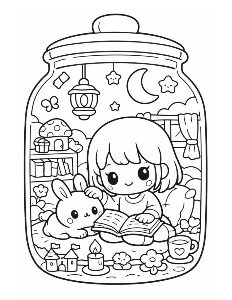 girl reading with bunny jar coloring page with a lantern, moon, stars, books, and a tea mug coloring page