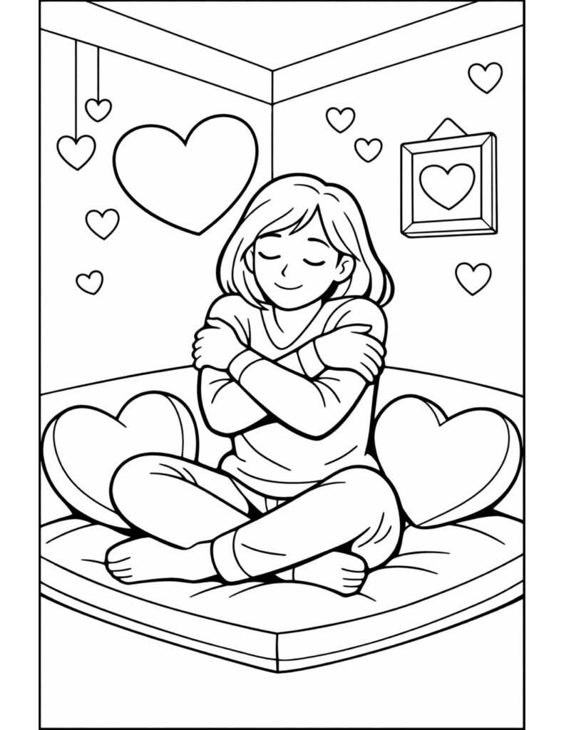 girl self hug with hearts coloring page with a cozy bed scene, hanging hearts, and framed heart wall art