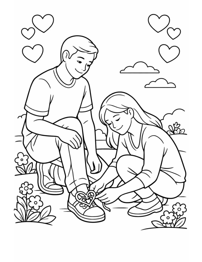 girl tying heart shoelace coloring page with a caring couple outdoors, flowers, and floating hearts coloring page