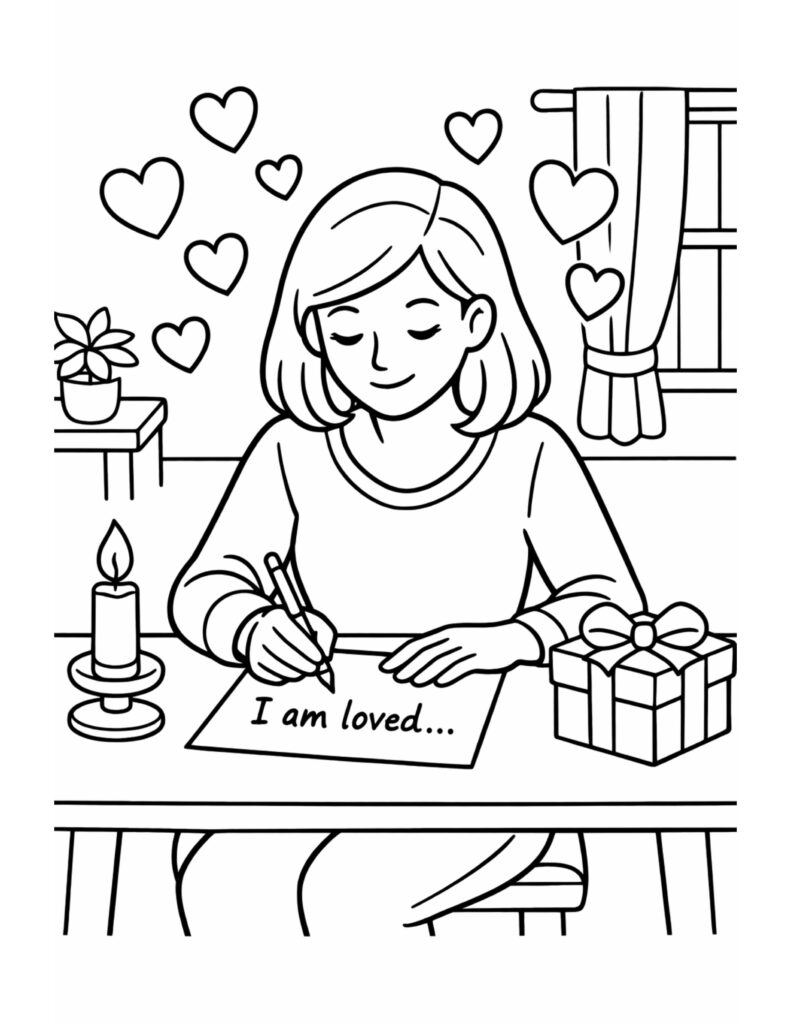 girl writing love message coloring page at a desk with floating hearts, candle, and gift coloring page