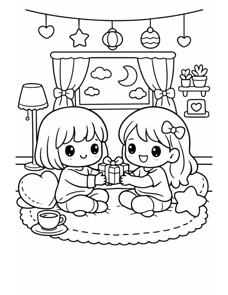 girls sharing a valentine gift coloring page, two cute kids exchanging a wrapped present under heart garland