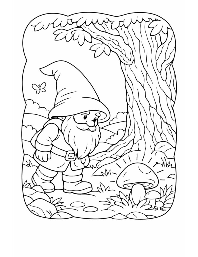 gnome admiring glowing mushroom coloring page, gnome walking by a big tree toward a shining mushroom and butterfly coloring page