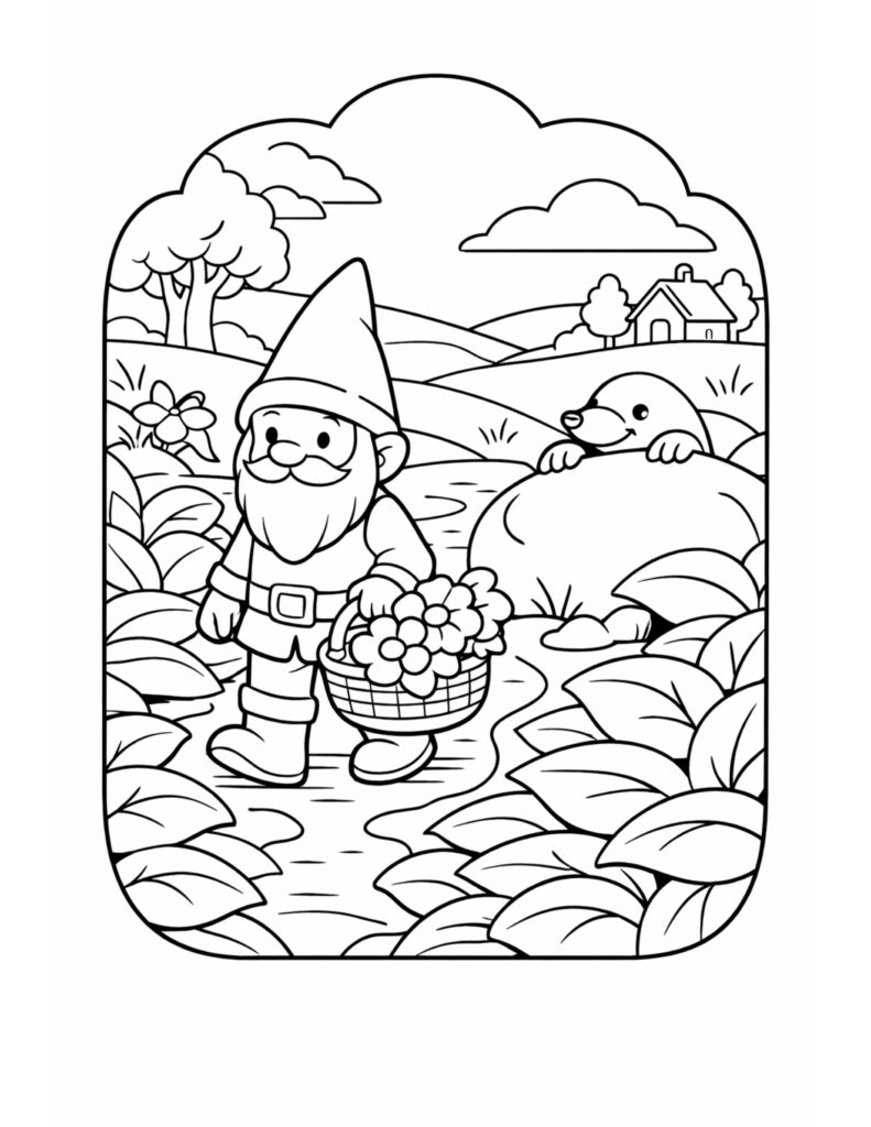 gnome carrying flower basket coloring page, gnome walking by a stream with a mole and distant cottage coloring page