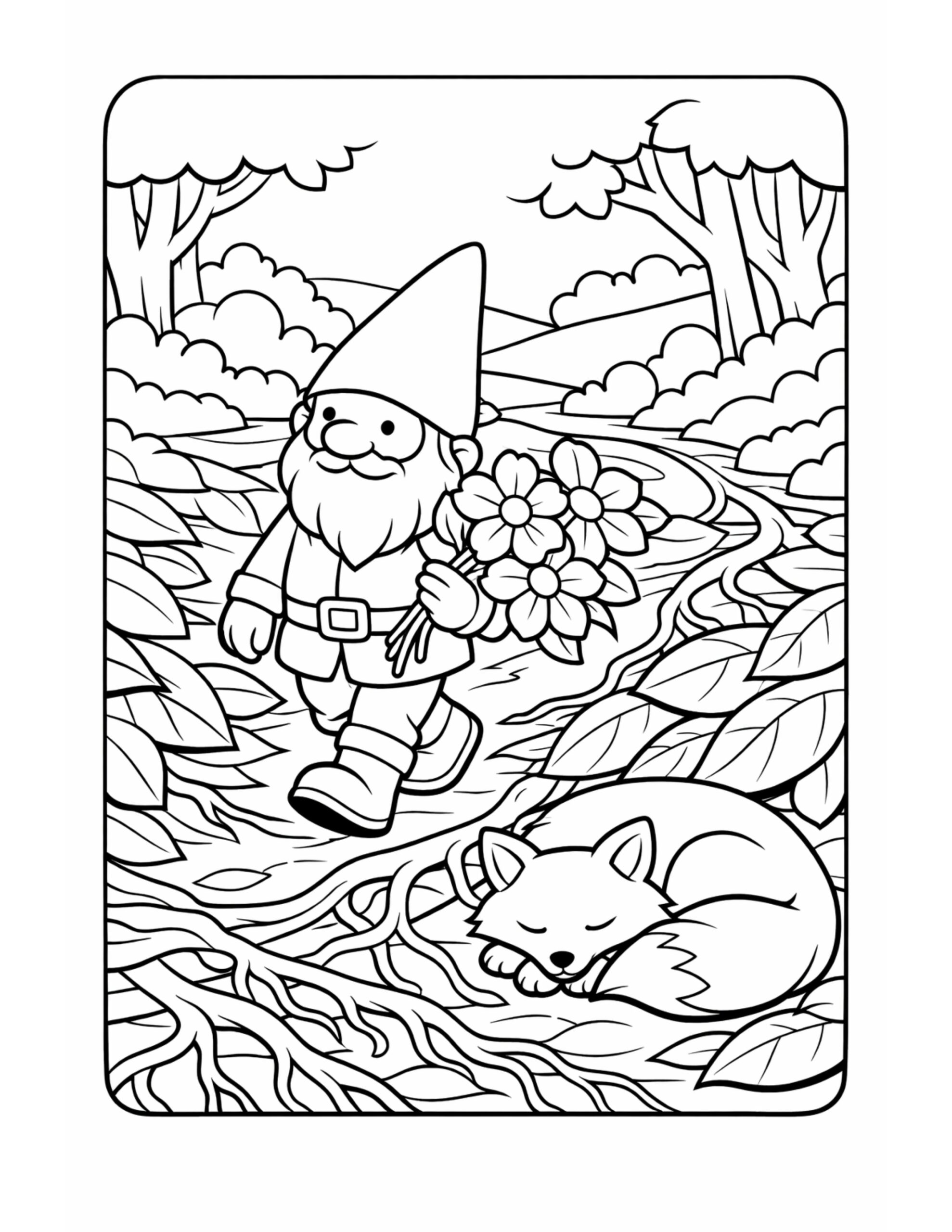 gnome carrying flowers near fox coloring page with a winding stream and leafy forest path