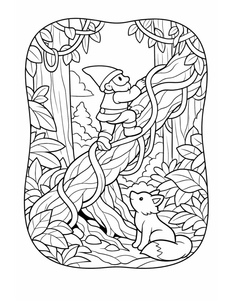 gnome climbing forest vine coloring page with a gnome on a twisting vine and a fox below coloring page