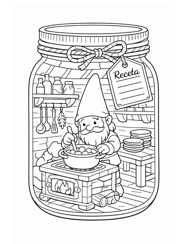 gnome cooking soup in jar coloring page with a tiny stove, hanging utensils, and a receta tag coloring page