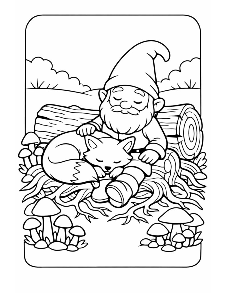 gnome cuddling sleeping fox coloring page, gnome resting on a log with mushrooms and roots, coloring page
