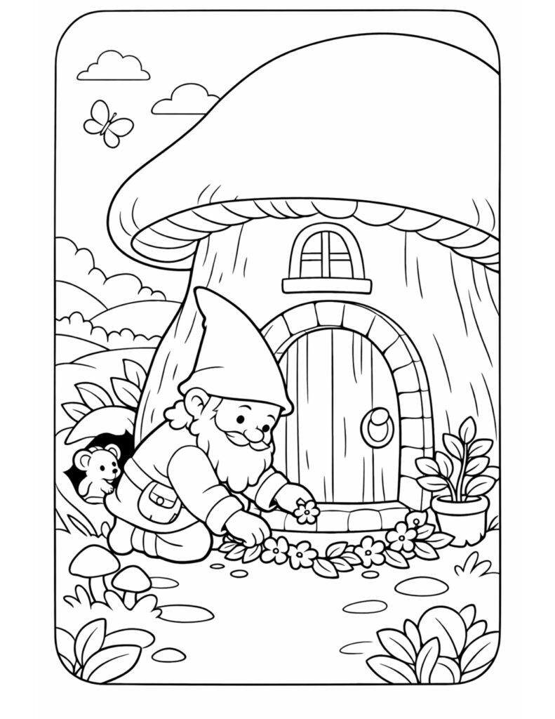 gnome decorating mushroom house doorway coloring page, gnome kneeling with a flower garland and a mouse peeking