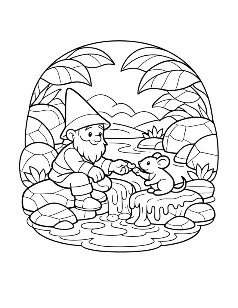 gnome feeding mouse by stream coloring page, cute gnome and mouse by flowing water and rocks coloring page