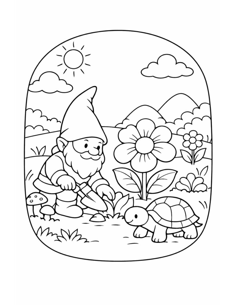 gnome gardening with turtle coloring page showing a gnome with a trowel beside a big flower and a turtle coloring page