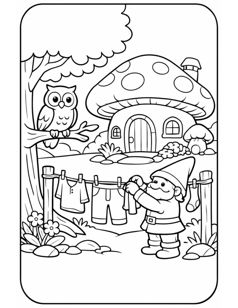 gnome hanging laundry outside coloring page with a mushroom house, owl on a tree branch, and a clothesline coloring page