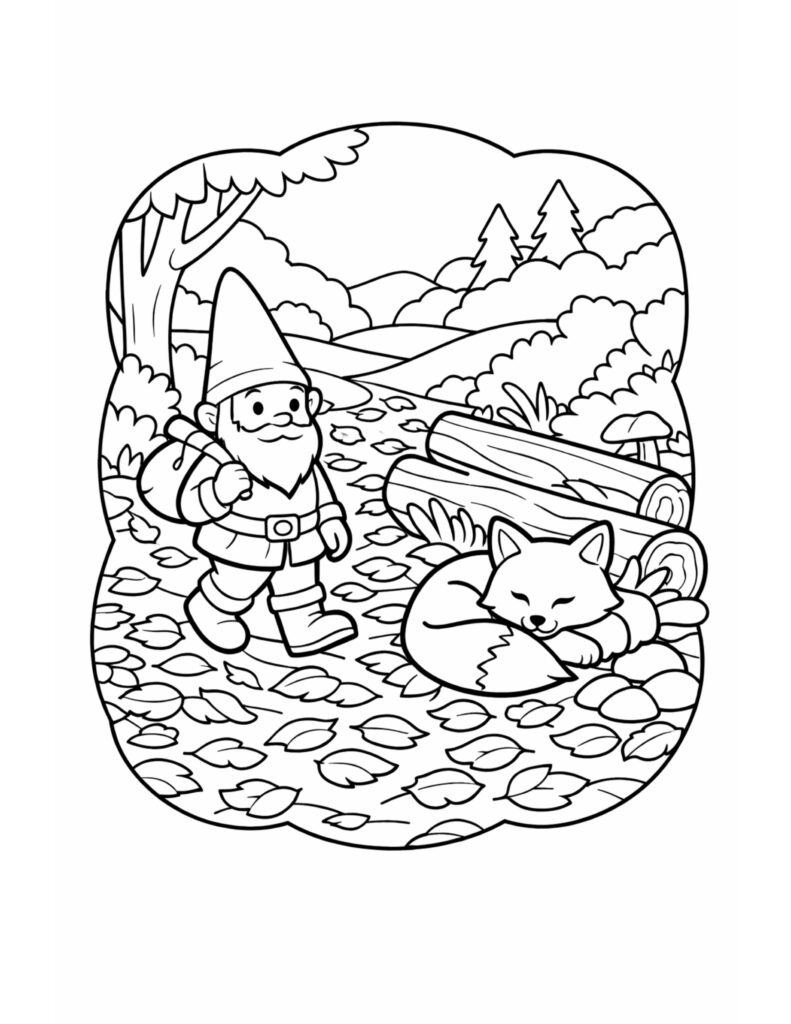 gnome hiking past sleeping fox coloring page with a backpacked gnome on a leaf covered path near stacked logs coloring page