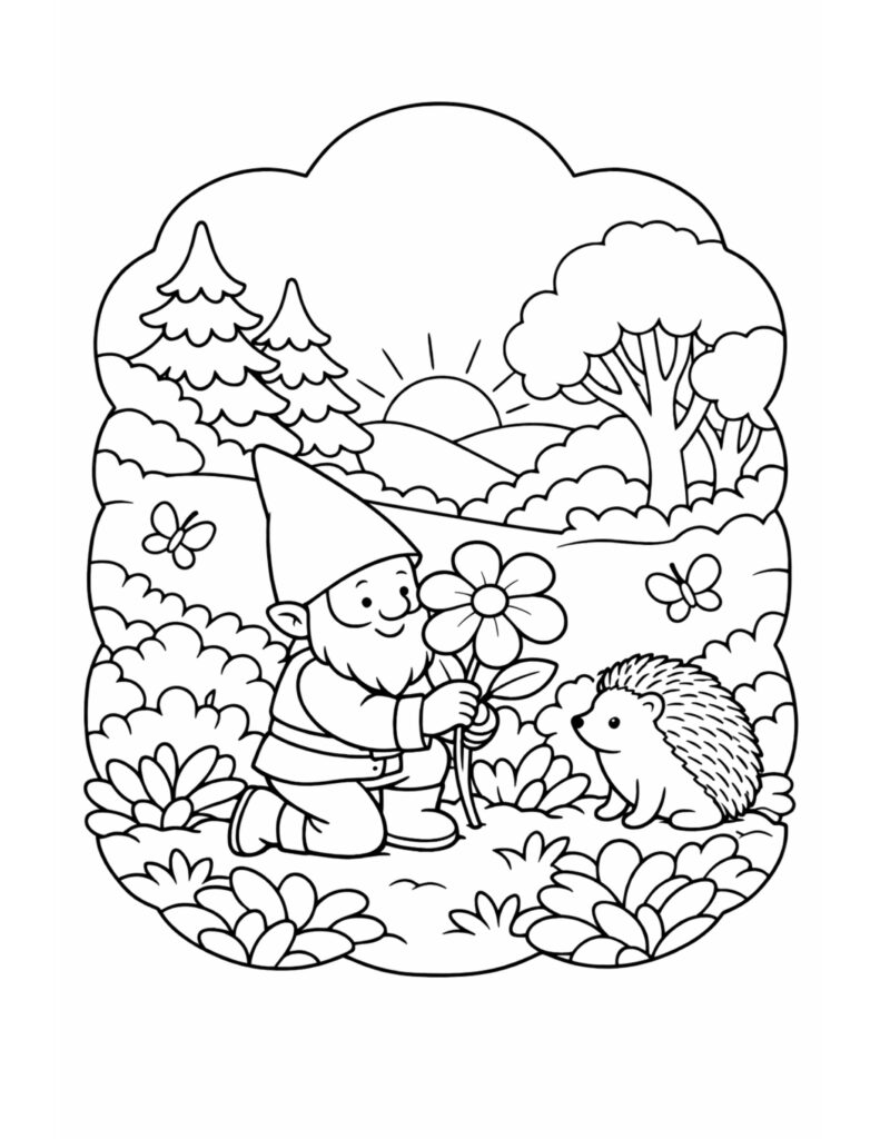 gnome holding a flower coloring page, smiling gnome in a garden with a hedgehog and butterflies