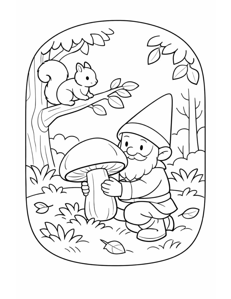 gnome holding a giant mushroom coloring page with a kneeling gnome, big mushroom, and squirrel on a branch coloring page