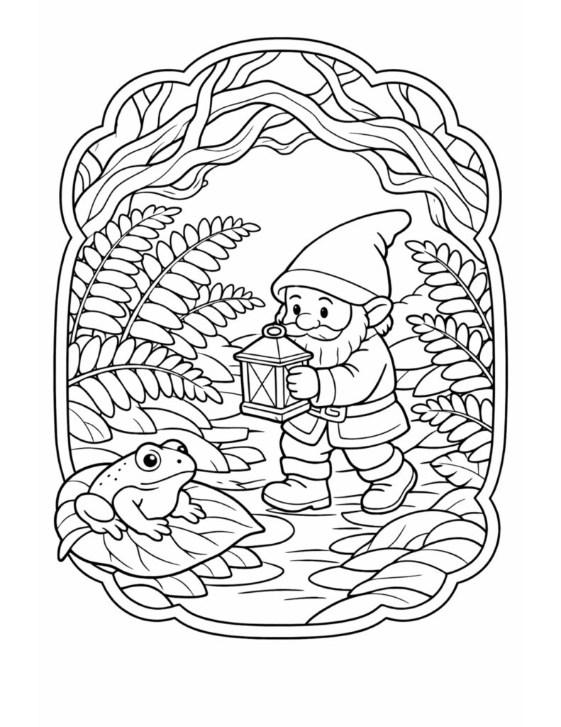 gnome holding a lantern coloring page in a leafy forest path with a small frog coloring page