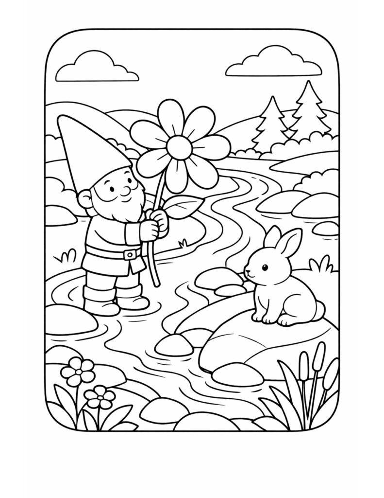 gnome holding flower by stream coloring page with a smiling gnome, a big daisy, a bunny on a rock, and a winding creek coloring page