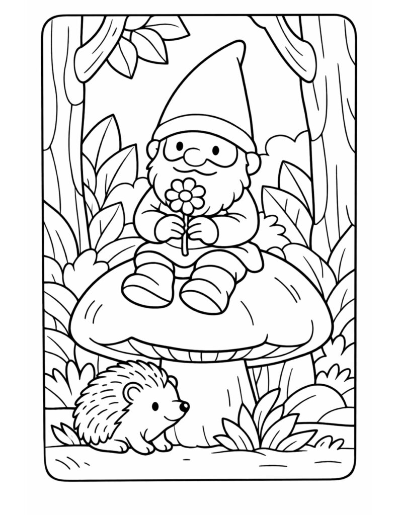 gnome holding flower on mushroom coloring page, smiling gnome sitting on a big mushroom with a hedgehog below coloring page