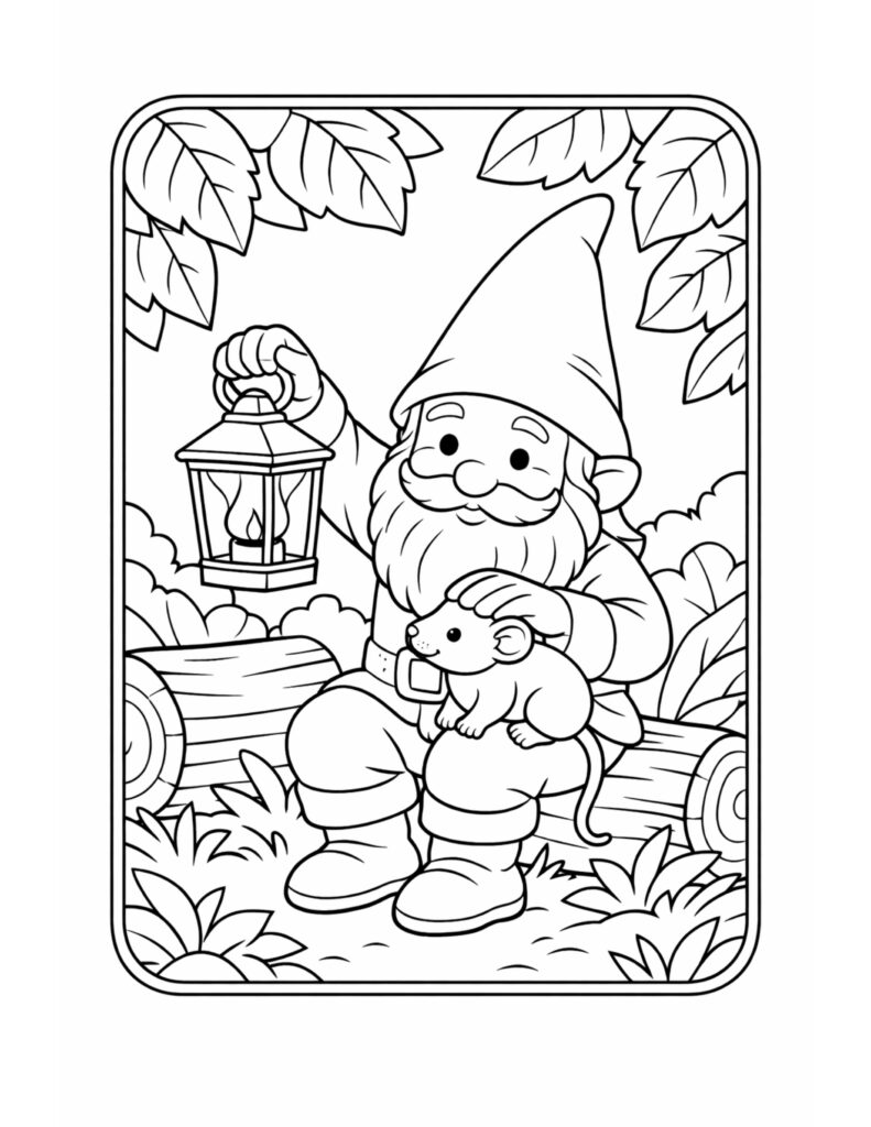 gnome holding lantern with mouse coloring page, gnome sitting on a log with a lantern and a mouse in his lap coloring page