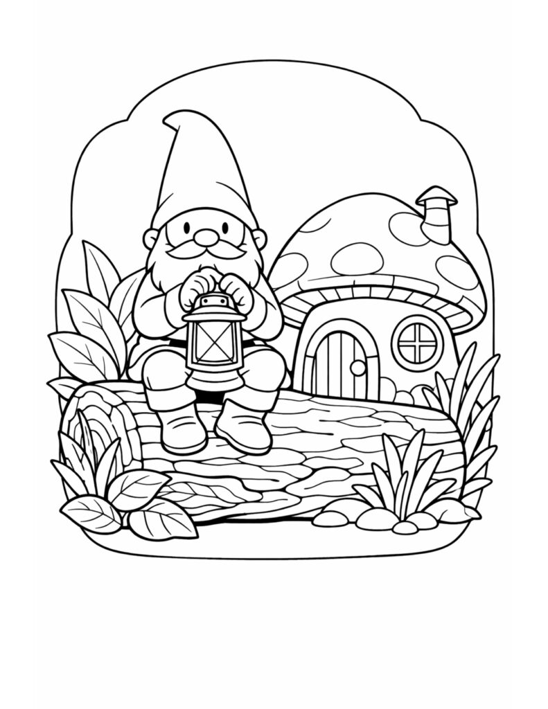 gnome lantern at mushroom house coloring page of a seated gnome holding a lantern beside a mushroom cottage