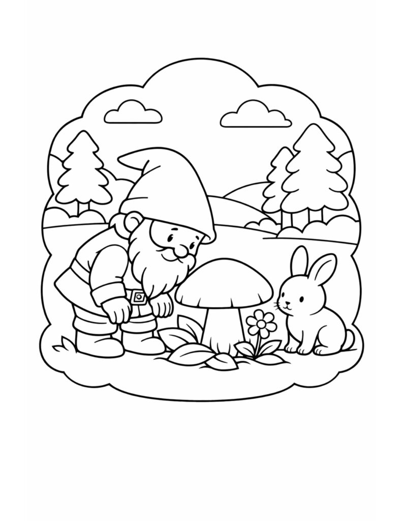 gnome meeting bunny by mushroom coloring page, gnome bending toward a mushroom with a bunny in a simple forest scene coloring page