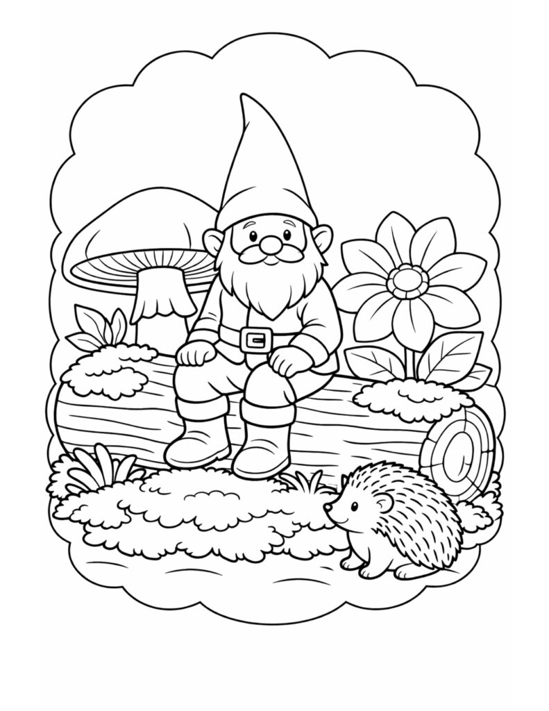 gnome on log with hedgehog coloring page, gnome sitting on a log near a mushroom and large flower coloring page