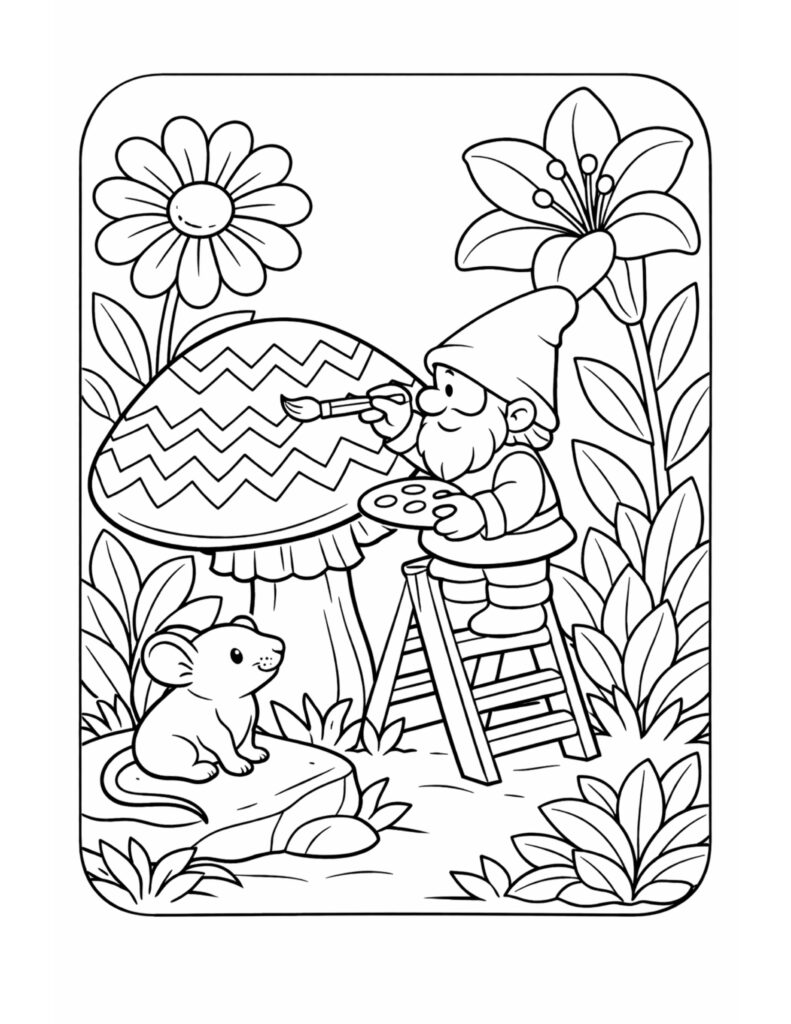 gnome painting zigzag mushroom coloring page with a gnome on a ladder painting a big mushroom while a mouse watches coloring page