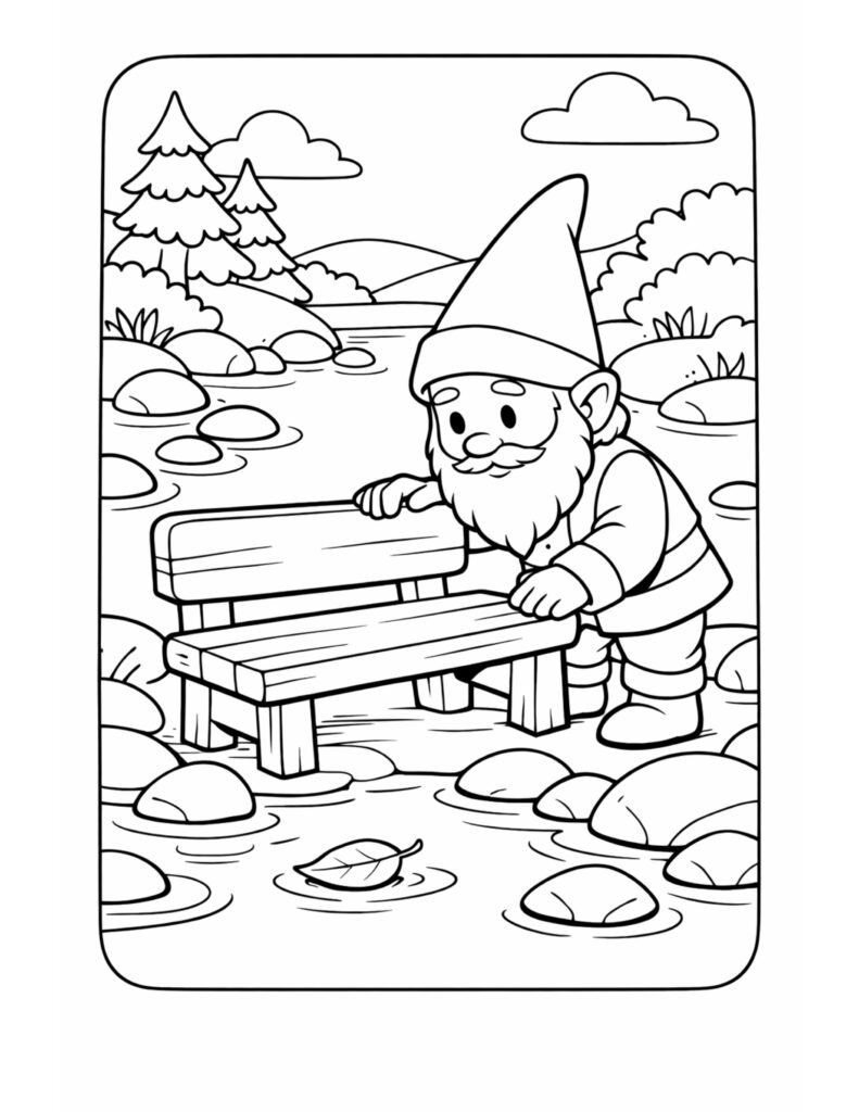 gnome placing bench in river coloring page, gnome setting a wooden bench among river rocks