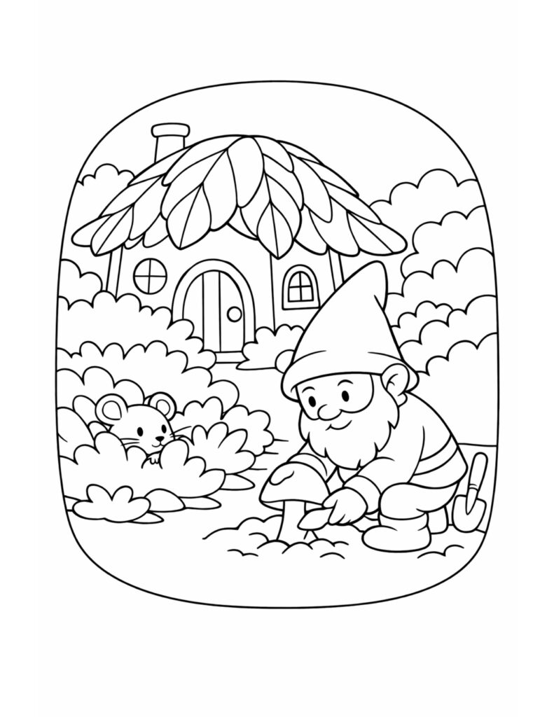 gnome planting mushroom near cottage coloring page, kneeling gnome with a shovel, mouse in bushes, leaf roof home coloring page