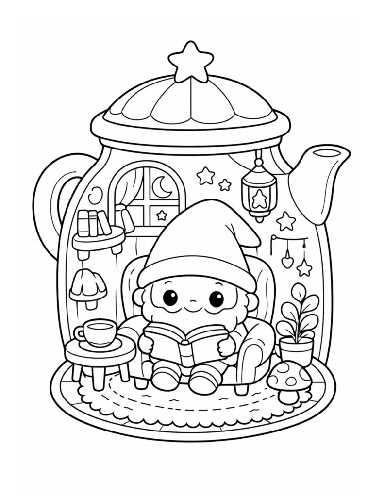 gnome reading in teapot jar coloring page with armchair, books, lantern, stars coloring page