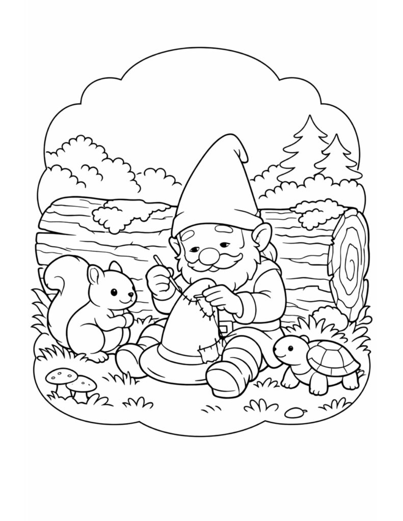 gnome sewing a hat coloring page featuring a squirrel and turtle in a forest coloring page