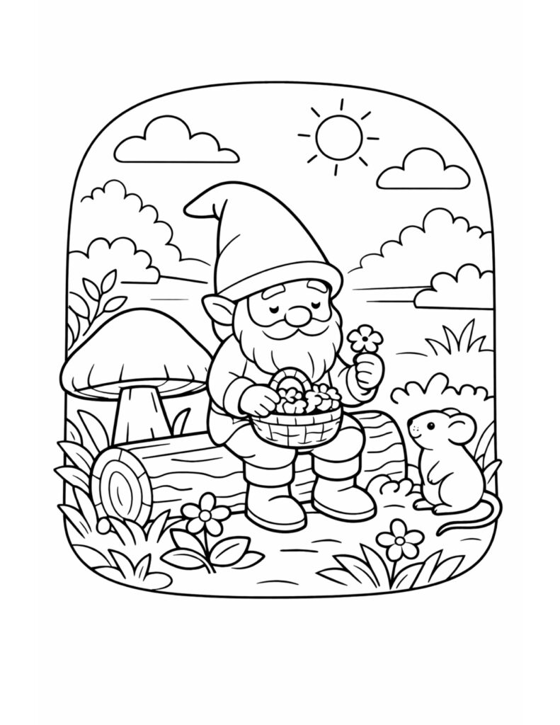 gnome sharing flowers with mouse coloring page, gnome on a log holding a flower basket beside a mouse, coloring page