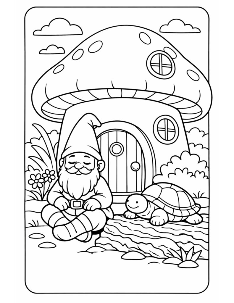 gnome sitting by mushroom house coloring page, sleepy gnome and turtle by a stream coloring page