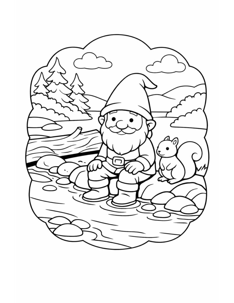 gnome sitting in a stream coloring page with a squirrel on river stones and forest hills coloring page