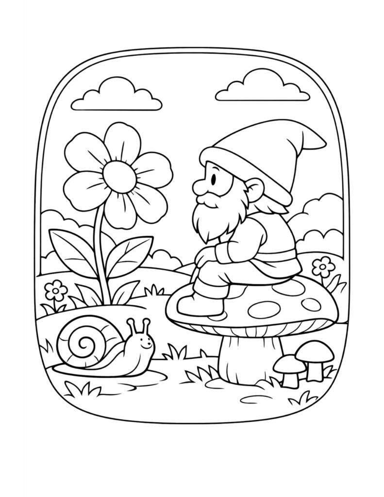 gnome sitting on a mushroom coloring page showing a bearded gnome, tall flower, and smiling snail coloring page
